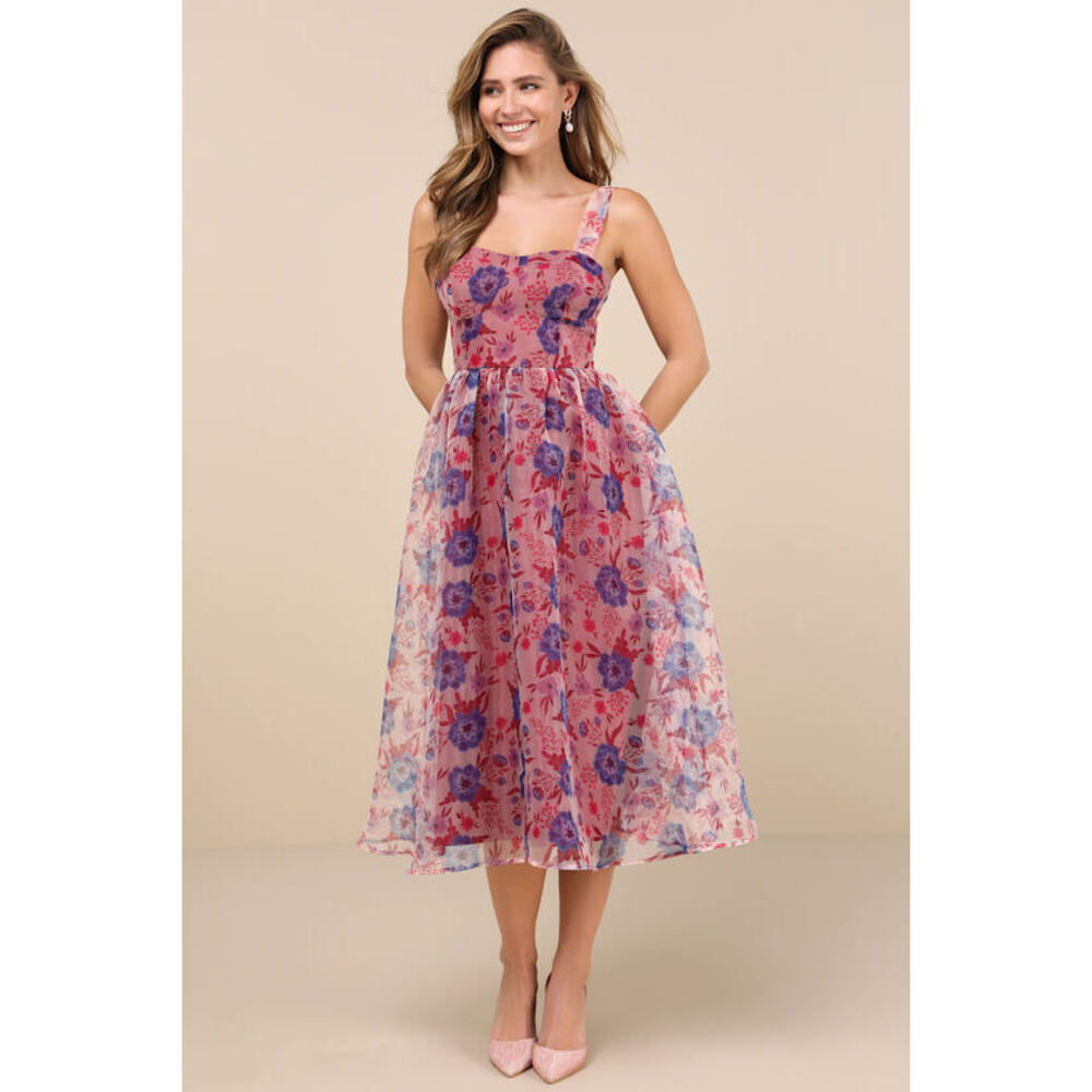 Lulus Delightful Look Magenta Floral Print Bustier Midi Skater Dress Pink tags